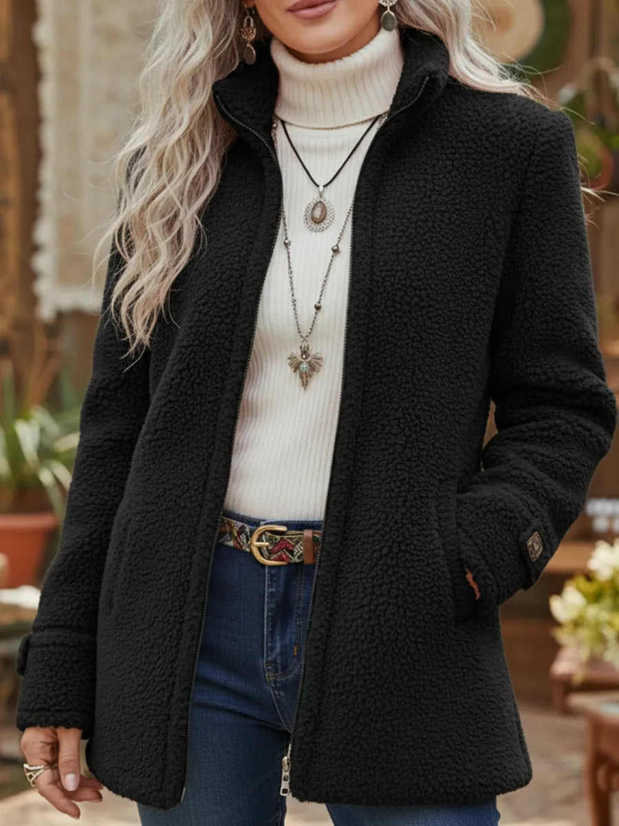 Roos - Dames Lange Teddy Jas Warm Fleece Stijl met Rits en Steekzakken