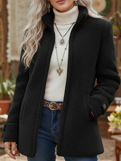 Roos - Dames Lange Teddy Jas Warm Fleece Stijl met Rits en Steekzakken