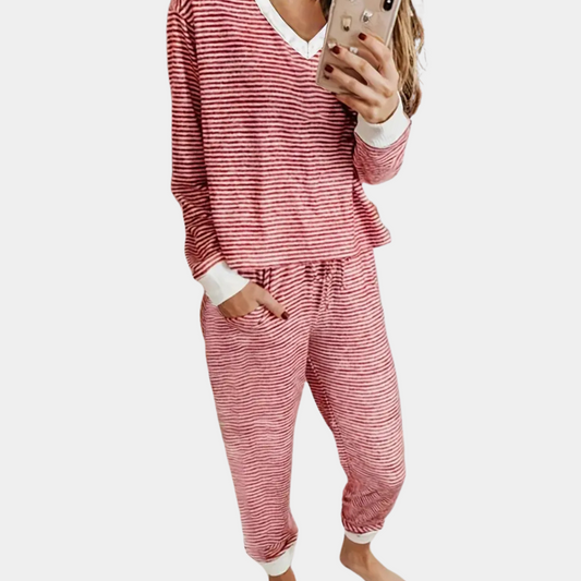 Roos - Dames Pyjama Set Zacht Gestreept met Bijpassende Top en Broek