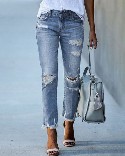Roos - Dames Straight Leg Jeans voor de Herfst met Gescheurde Details