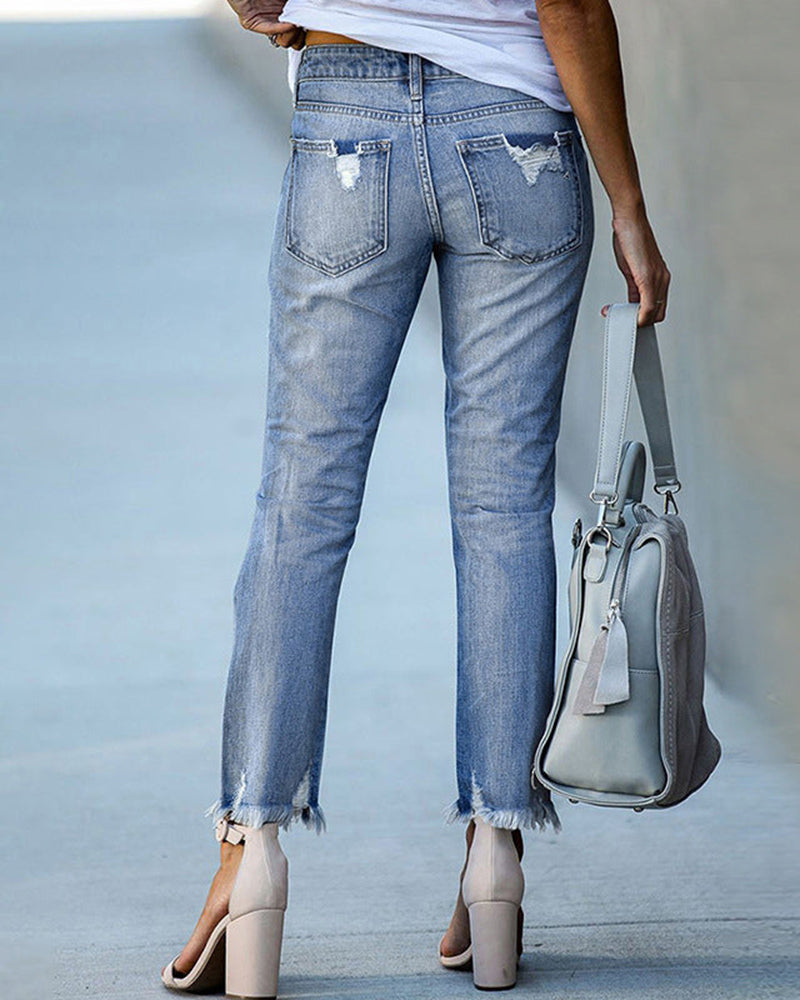 Roos - Dames Straight Leg Jeans voor de Herfst met Gescheurde Details