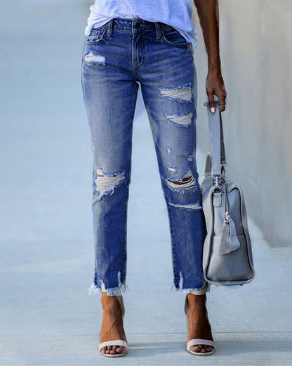 Roos - Dames Straight Leg Jeans voor de Herfst met Gescheurde Details