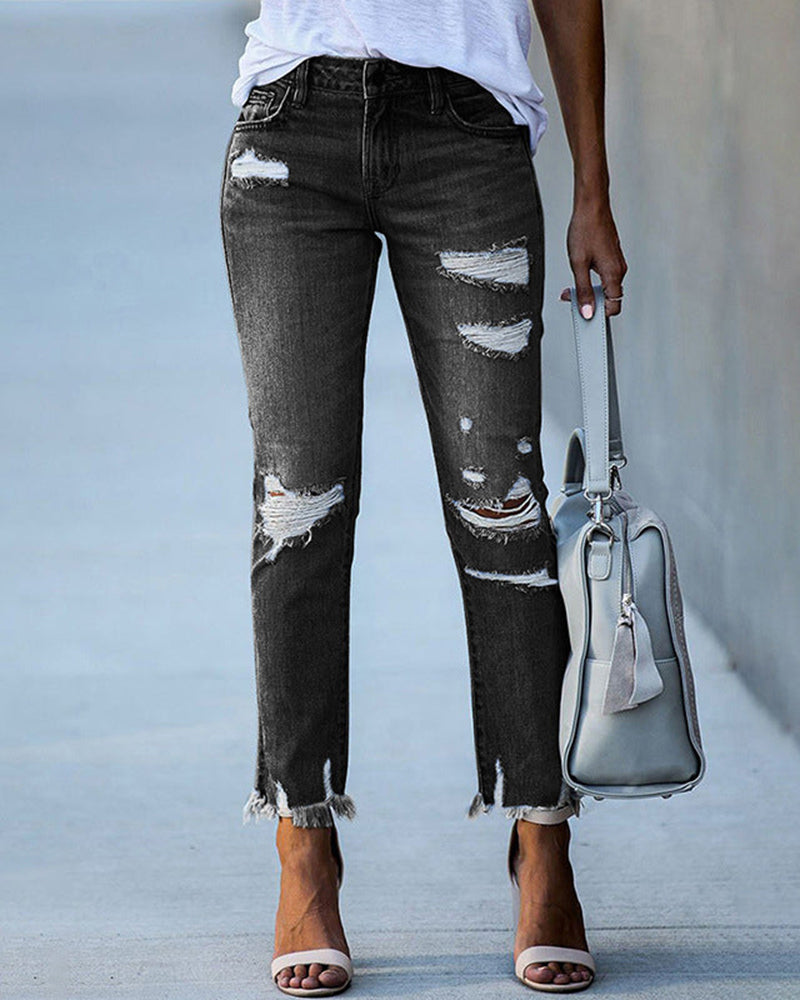Roos - Dames Straight Leg Jeans voor de Herfst met Gescheurde Details
