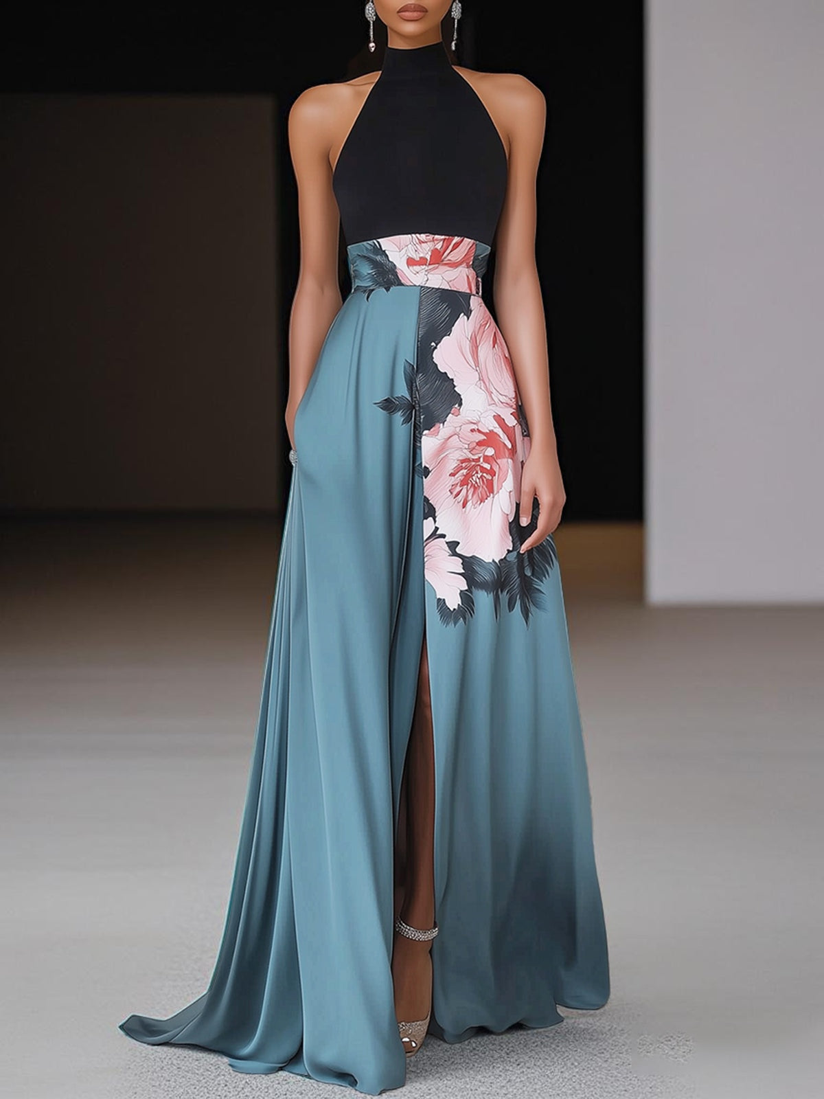Roos - Elegante Bruiloft Gastenjurk Dames met Halternek en Bloemenprint