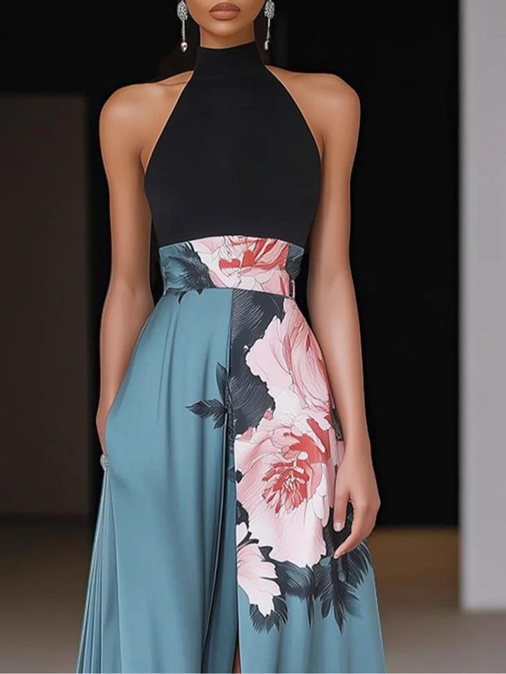 Roos - Elegante Bruiloft Gastenjurk Dames met Halternek en Bloemenprint