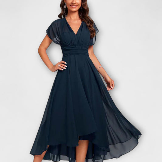 Roos - Elegante Bruiloft Gastenjurk Dames met V-hals en Asymmetrische Rok