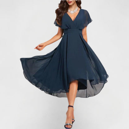 Roos - Elegante Bruiloft Gastenjurk Dames met V-hals en Asymmetrische Rok