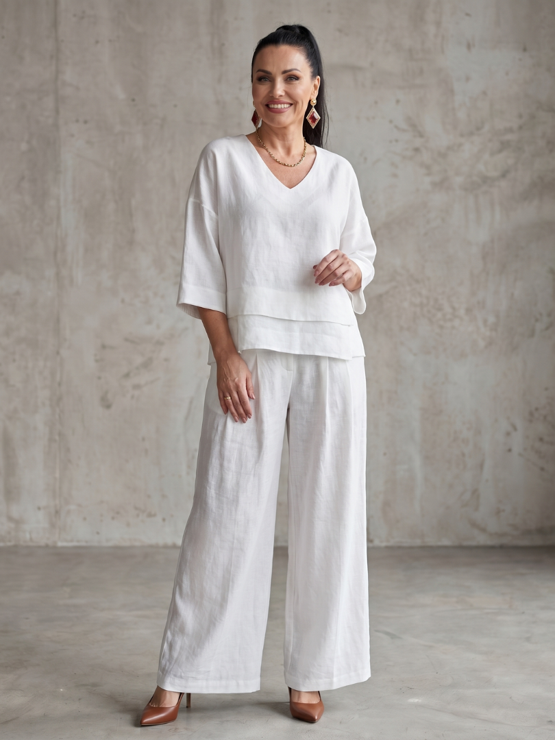 Roos - Elegante Linnen Co-ord Set Dames met Gelaagde V-hals Top en Palazzo Broek