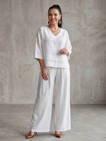 Roos - Elegante Linnen Co-ord Set Dames met Gelaagde V-hals Top en Palazzo Broek