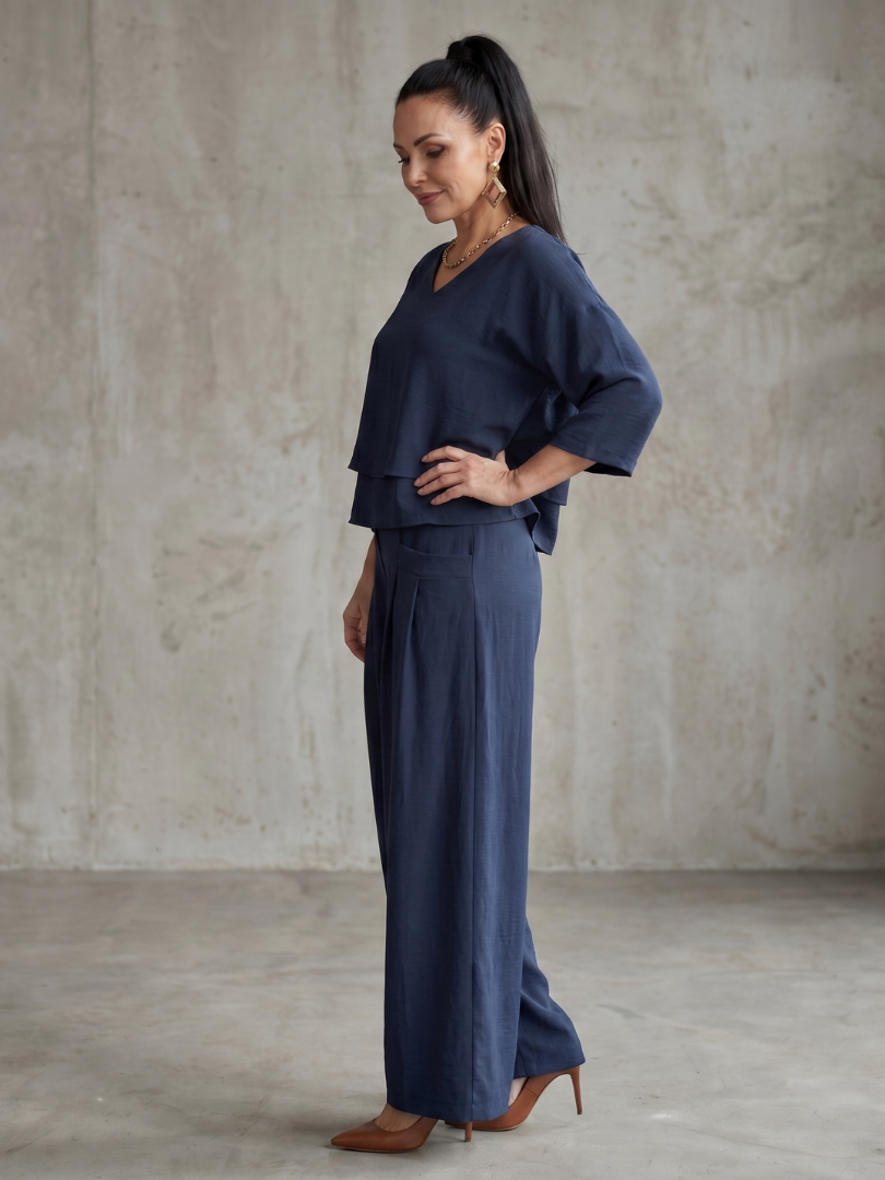 Roos - Elegante Linnen Co-ord Set Dames met Gelaagde V-hals Top en Palazzo Broek
