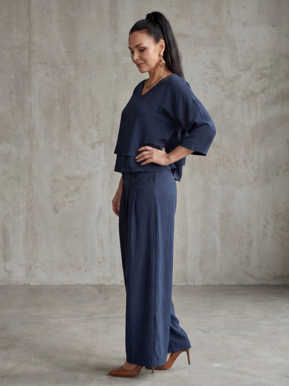 Roos - Elegante Linnen Co-ord Set Dames met Gelaagde V-hals Top en Palazzo Broek