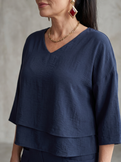 Roos - Elegante Linnen Co-ord Set Dames met Gelaagde V-hals Top en Palazzo Broek