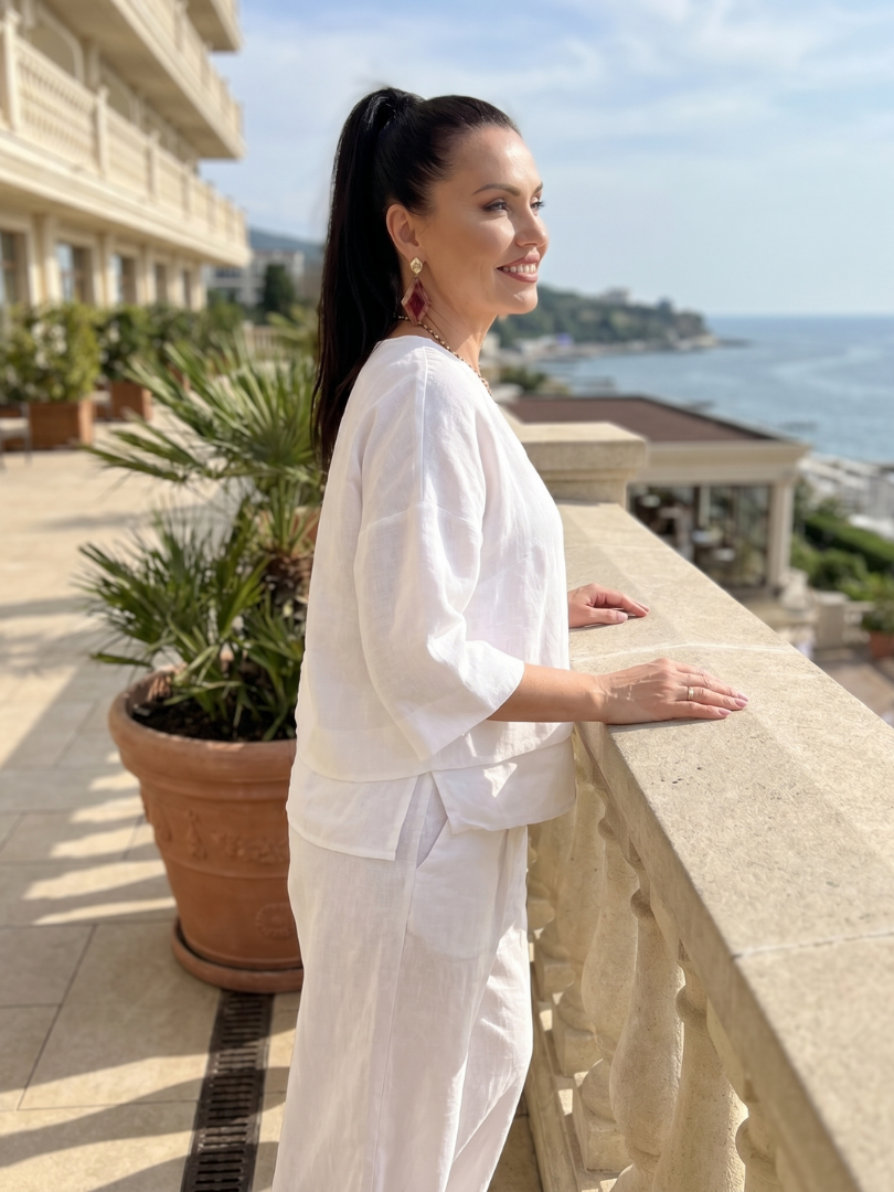 Roos - Elegante Linnen Co-ord Set Dames met Gelaagde V-hals Top en Palazzo Broek