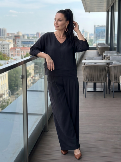 Roos - Elegante Linnen Co-ord Set Dames met Gelaagde V-hals Top en Palazzo Broek