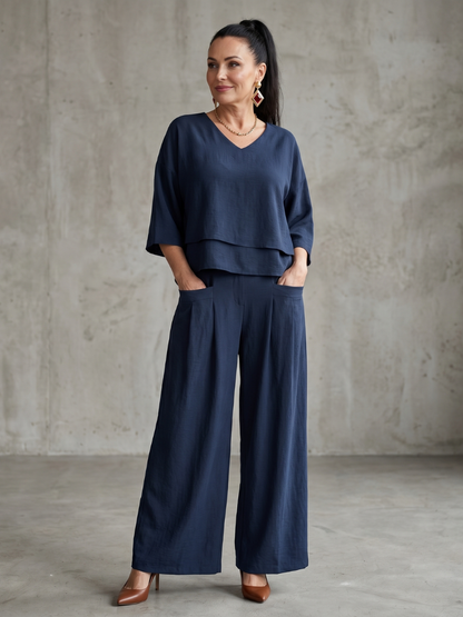 Roos - Elegante Linnen Co-ord Set Dames met Gelaagde V-hals Top en Palazzo Broek
