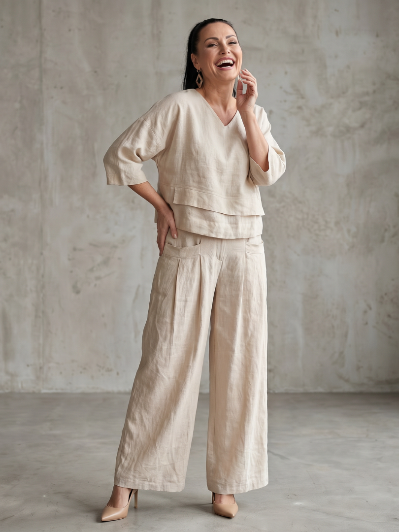 Roos - Elegante Linnen Co-ord Set Dames met Gelaagde V-hals Top en Palazzo Broek