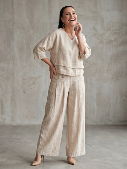 Roos - Elegante Linnen Co-ord Set Dames met Gelaagde V-hals Top en Palazzo Broek