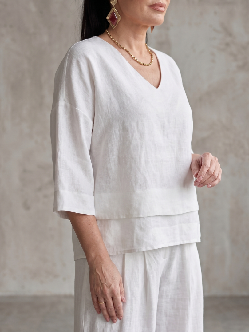 Roos - Elegante Linnen Co-ord Set Dames met Gelaagde V-hals Top en Palazzo Broek