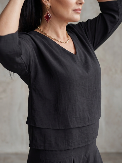 Roos - Elegante Linnen Co-ord Set Dames met Gelaagde V-hals Top en Palazzo Broek
