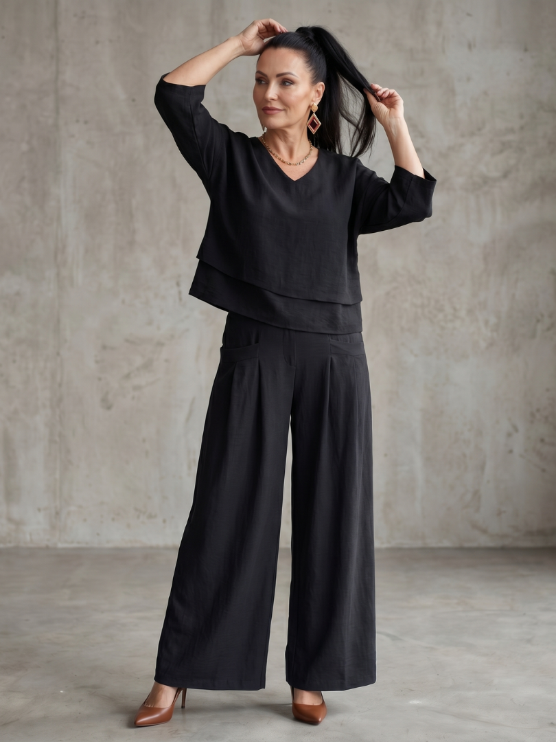 Roos - Elegante Linnen Co-ord Set Dames met Gelaagde V-hals Top en Palazzo Broek