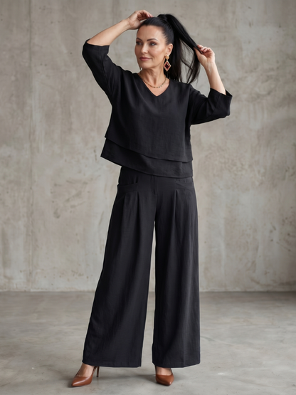 Roos - Elegante Linnen Co-ord Set Dames met Gelaagde V-hals Top en Palazzo Broek