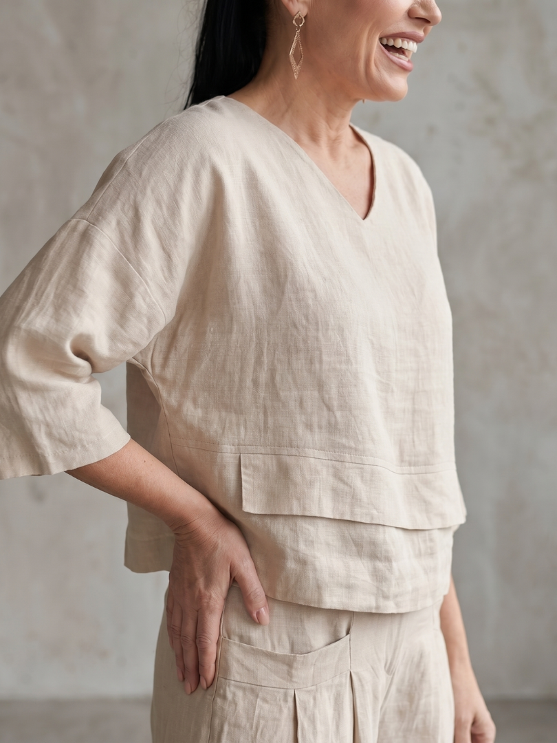 Roos - Elegante Linnen Co-ord Set Dames met Gelaagde V-hals Top en Palazzo Broek