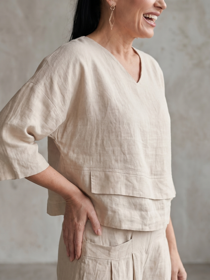 Roos - Elegante Linnen Co-ord Set Dames met Gelaagde V-hals Top en Palazzo Broek