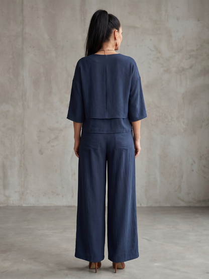 Roos - Elegante Linnen Co-ord Set Dames met Gelaagde V-hals Top en Palazzo Broek