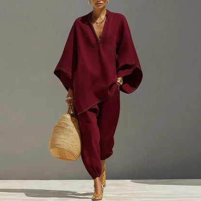 Roos - Elegante Linnen Tweedelige Set Dames met V-hals en Ballonbroek