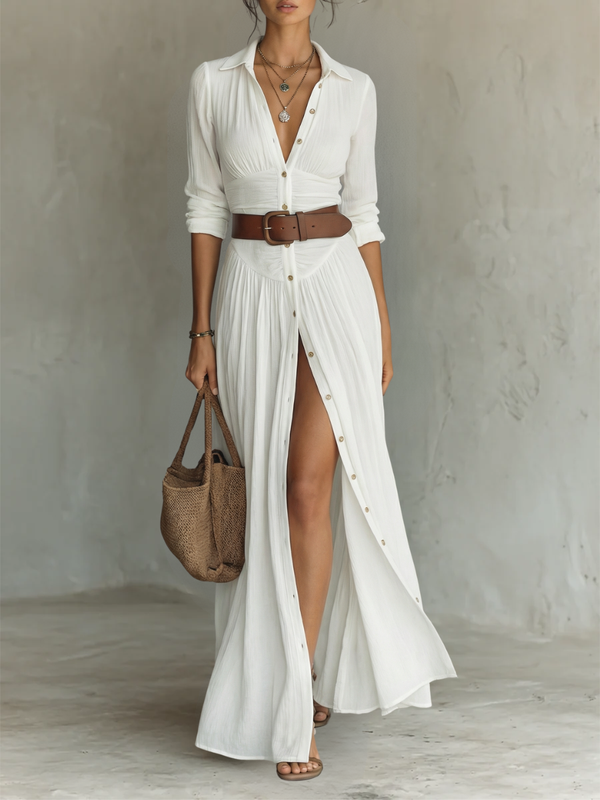 Roos - Elegante Maxi Jurk Dames met Blousekraag en Beensplit