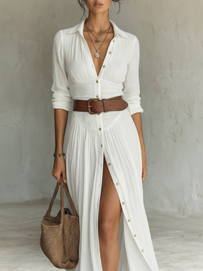 Roos - Elegante Maxi Jurk Dames met Blousekraag en Beensplit