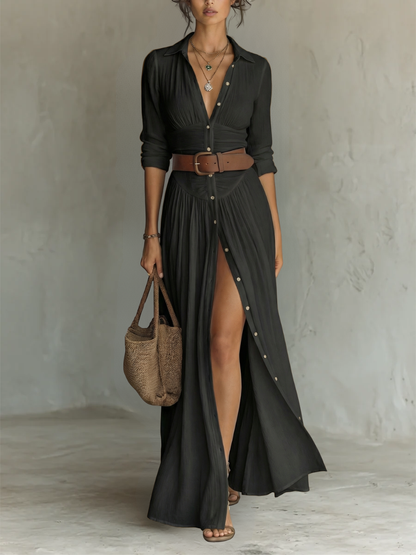 Roos - Elegante Maxi Jurk Dames met Blousekraag en Beensplit