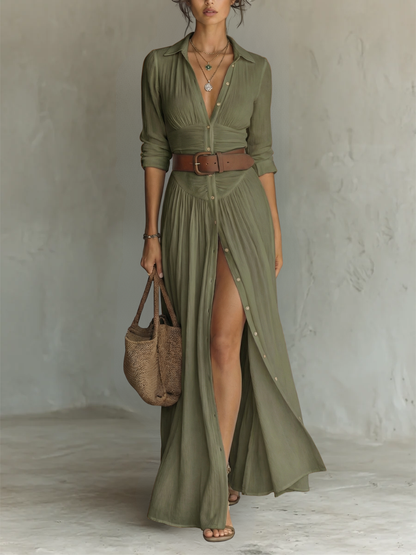 Roos - Elegante Maxi Jurk Dames met Blousekraag en Beensplit