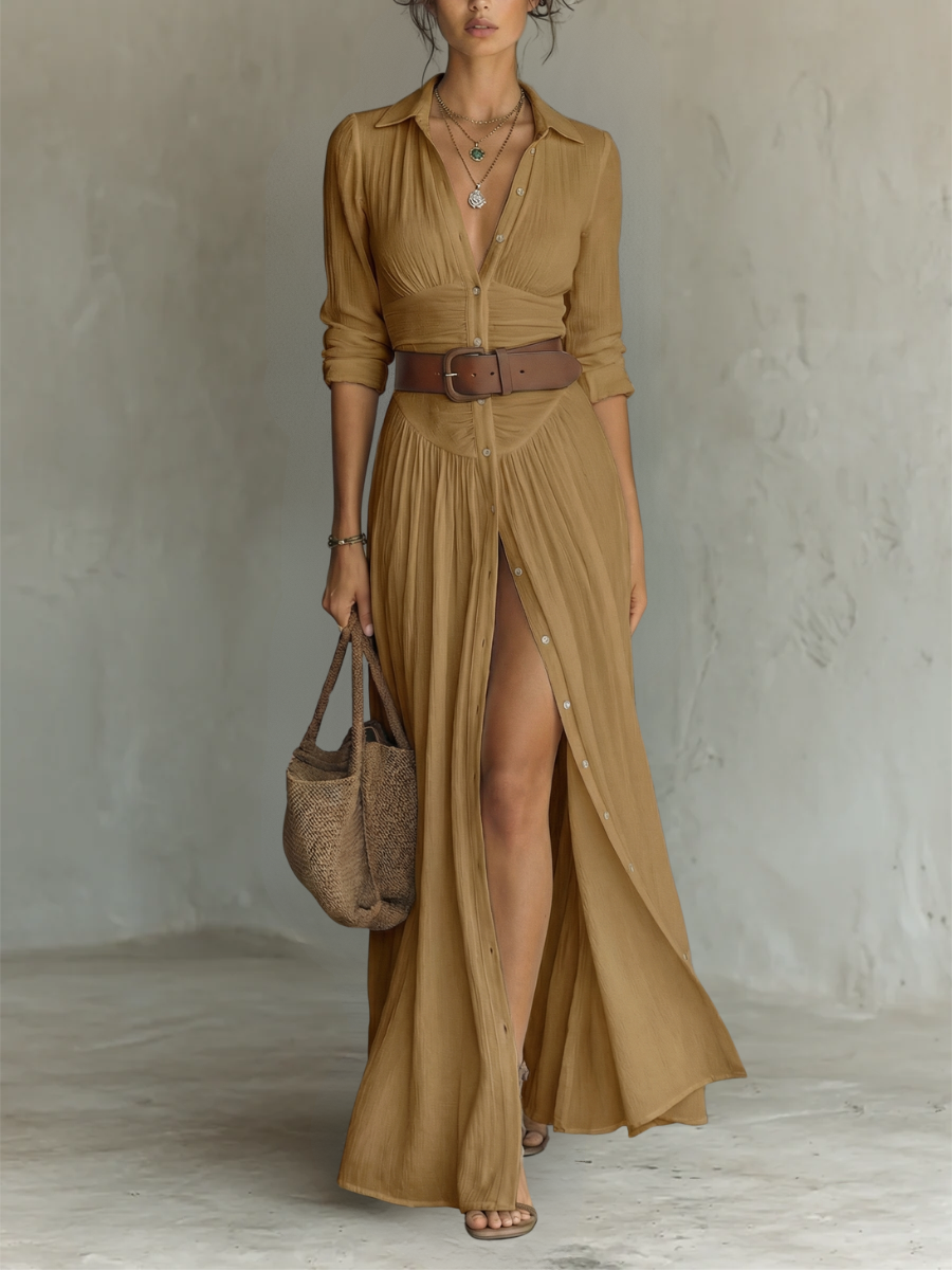 Roos - Elegante Maxi Jurk Dames met Blousekraag en Beensplit