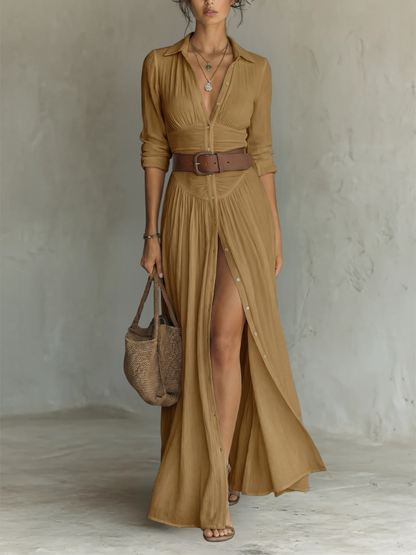 Roos - Elegante Maxi Jurk Dames met Blousekraag en Beensplit