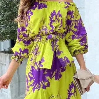 Roos - Feestelijke Bruiloft Gastenjurk Dames met Off-Shoulder en Strikceintuur
