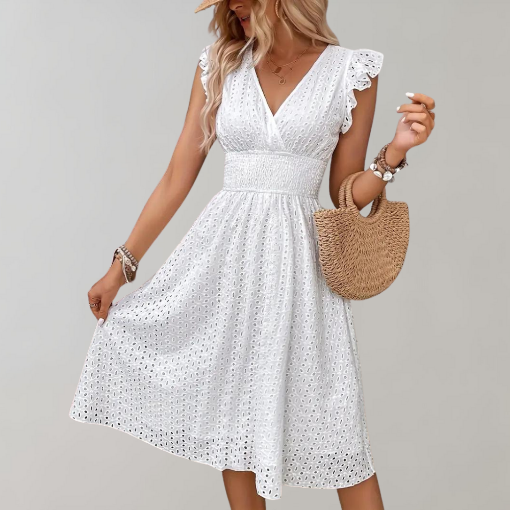 Roos - Romantische Midi Zomerjurk Dames met V-hals en Ruffle Mouwen