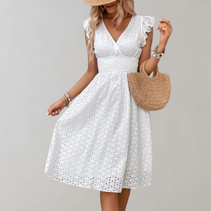 Roos - Romantische Midi Zomerjurk Dames met V-hals en Ruffle Mouwen