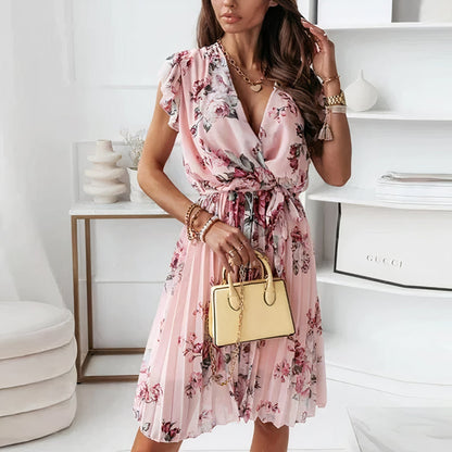 Roos - Romantische Zomerjurk Dames met Diepe V-hals en Geplooide Rok