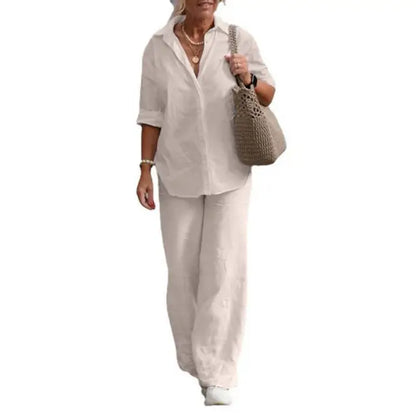 Lieke - Casual Linnen Co-ord Set Dames met Klassieke Blouse en Wijde Broek