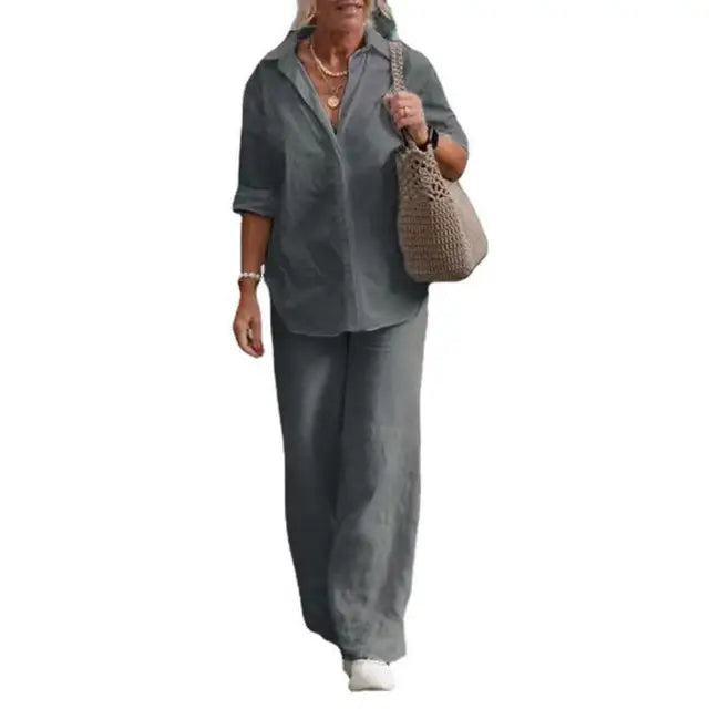 Lieke - Casual Linnen Co-ord Set Dames met Klassieke Blouse en Wijde Broek