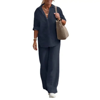 Lieke - Casual Linnen Co-ord Set Dames met Klassieke Blouse en Wijde Broek