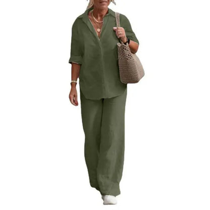 Lieke - Casual Linnen Co-ord Set Dames met Klassieke Blouse en Wijde Broek