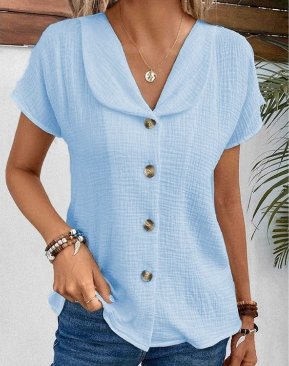 Roos - Stijlvolle Linnen Blouse Dames met V-hals en Knoopsluiting