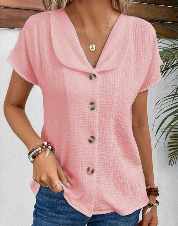 Roos - Stijlvolle Linnen Blouse Dames met V-hals en Knoopsluiting