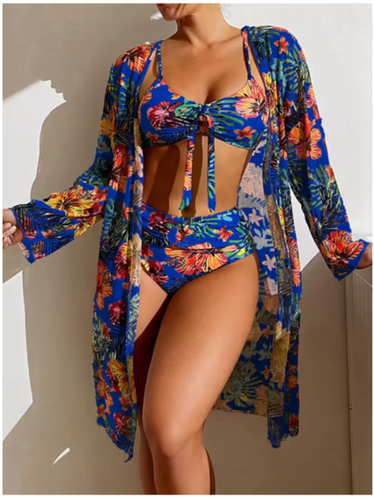 Roos - Tropische Bikini Set Dames met Coverup en Strik Bralette