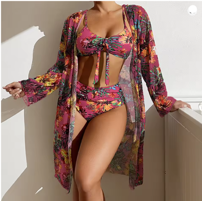 Roos - Tropische Bikini Set Dames met Coverup en Strik Bralette