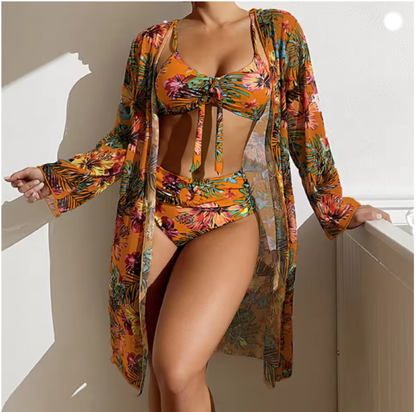 Roos - Tropische Bikini Set Dames met Coverup en Strik Bralette