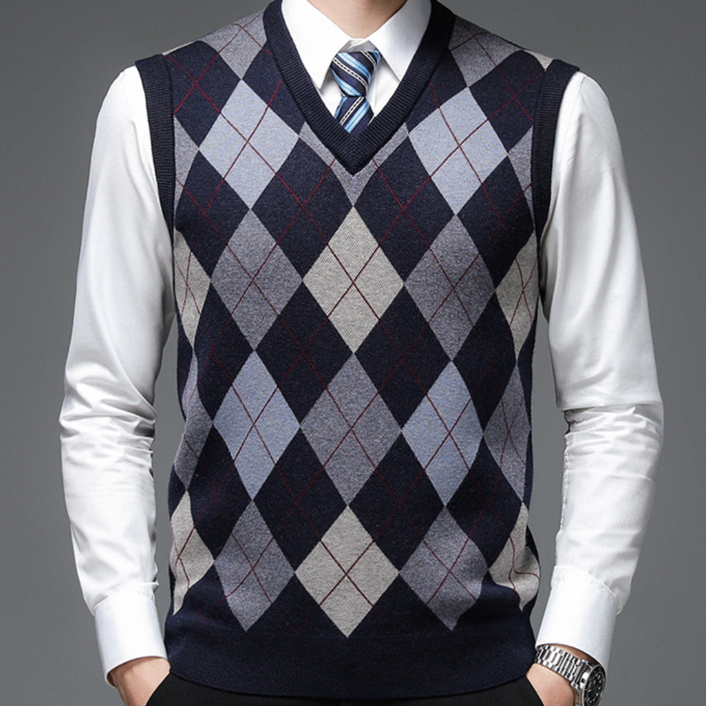 Ruben - Heren Spencer in Nette Stijl met V-hals en Argyle Ruitpatroon