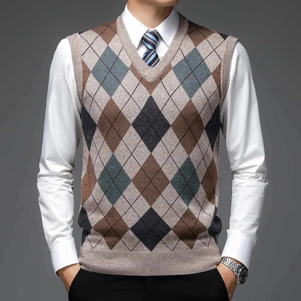 Ruben - Heren Spencer in Nette Stijl met V-hals en Argyle Ruitpatroon